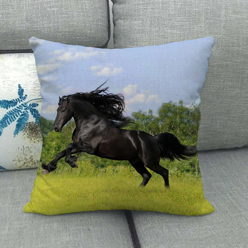 HKM-240595 Flax Digital Printed Horse Pattern Pillowcase, American Country Style, 45cm x 45cm, PP Cotton Filling, Linen Material