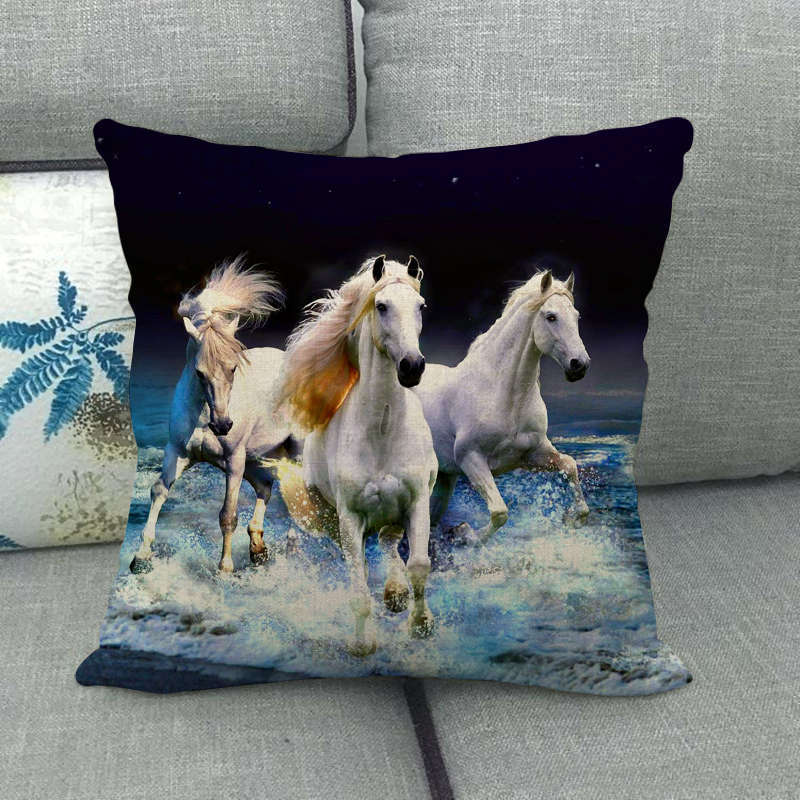 HKM-240595 Flax Digital Printed Horse Pattern Pillowcase, American Country Style, 45cm x 45cm, PP Cotton Filling, Linen Material