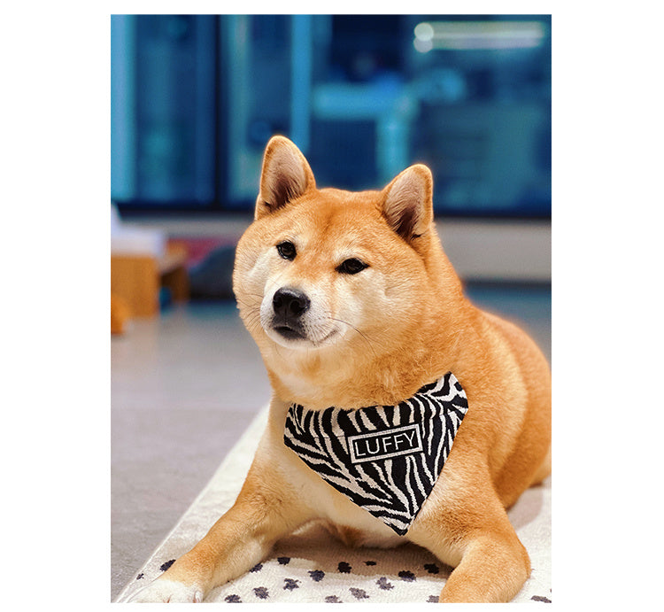HKM-240723 Shiba Inu Triangle Scarf in Black and White Herringbone Zebra Pattern - Adjustable Sizes Available