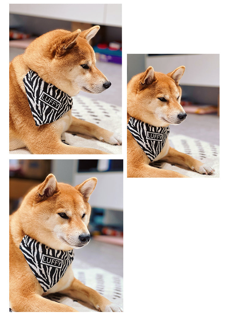 HKM-240723 Shiba Inu Triangle Scarf in Black and White Herringbone Zebra Pattern - Adjustable Sizes Available