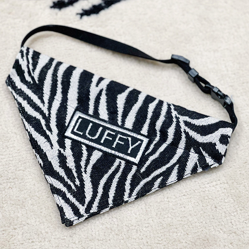 HKM-240723 Shiba Inu Triangle Scarf in Black and White Herringbone Zebra Pattern - Adjustable Sizes Available