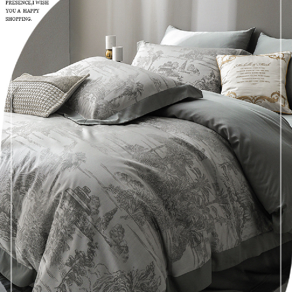 HKM-240851 Tencel Yarn Weaving Jacquard Grey 4-Piece Bedding Set