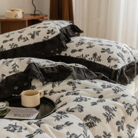 HKM-240851 Vintage Floral Black and White Lace Milk Velvet Plush Bedding Set - 4-Piece Reactive Print Collection