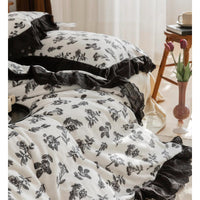 HKM-240851 Vintage Floral Black and White Lace Milk Velvet Plush Bedding Set - 4-Piece Reactive Print Collection