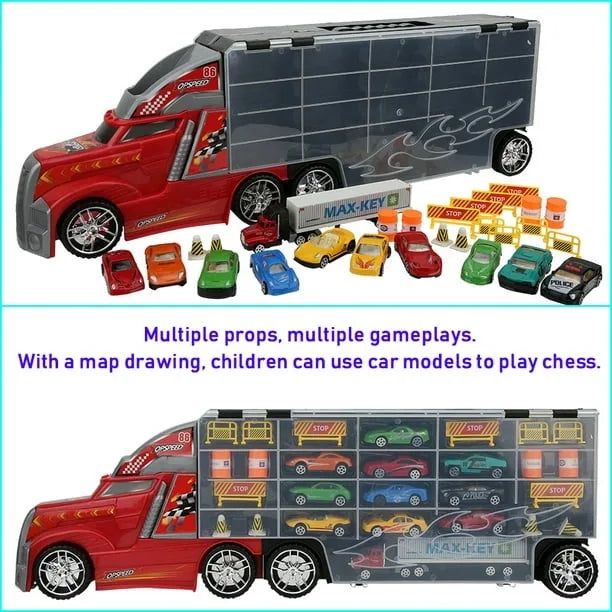 HKM-241491 Diecast Container Truck with Small Alloy Cars for Kids Ages 2 and Up