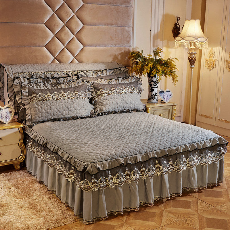 KTX-241491 Quilted Lace Bed Skirt and Cotton Bedspread Set for 1.8m Beds with Various Color Options