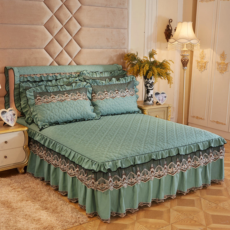 KTX-241491 Quilted Lace Bed Skirt and Cotton Bedspread Set for 1.8m Beds with Various Color Options