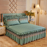 HKM-241491 Quilted Lace Bed Skirt and Cotton Bedspread Set for 1.8m Beds with Various Color Options