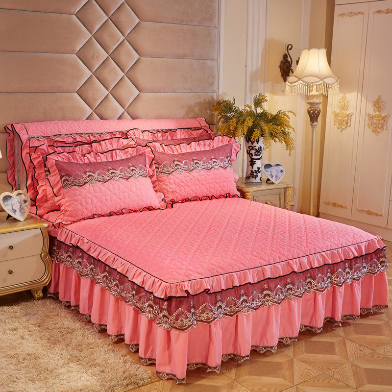 KTX-241491 Quilted Lace Bed Skirt and Cotton Bedspread Set for 1.8m Beds with Various Color Options
