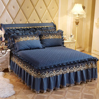 HKM-241491 Quilted Lace Bed Skirt and Cotton Bedspread Set for 1.8m Beds with Various Color Options