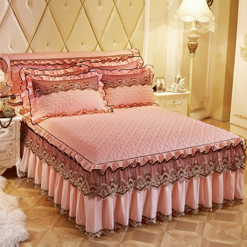 KTX-241491 Quilted Lace Bed Skirt and Cotton Bedspread Set for 1.8m Beds with Various Color Options