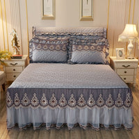 HKM-241491 Quilted Lace Bed Skirt and Cotton Bedspread Set for 1.8m Beds with Various Color Options