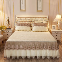HKM-241491 Quilted Lace Bed Skirt and Cotton Bedspread Set for 1.8m Beds with Various Color Options