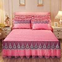 HKM-241491 Quilted Lace Bed Skirt and Cotton Bedspread Set for 1.8m Beds with Various Color Options