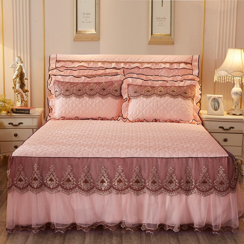 KTX-241491 Quilted Lace Bed Skirt and Cotton Bedspread Set for 1.8m Beds with Various Color Options