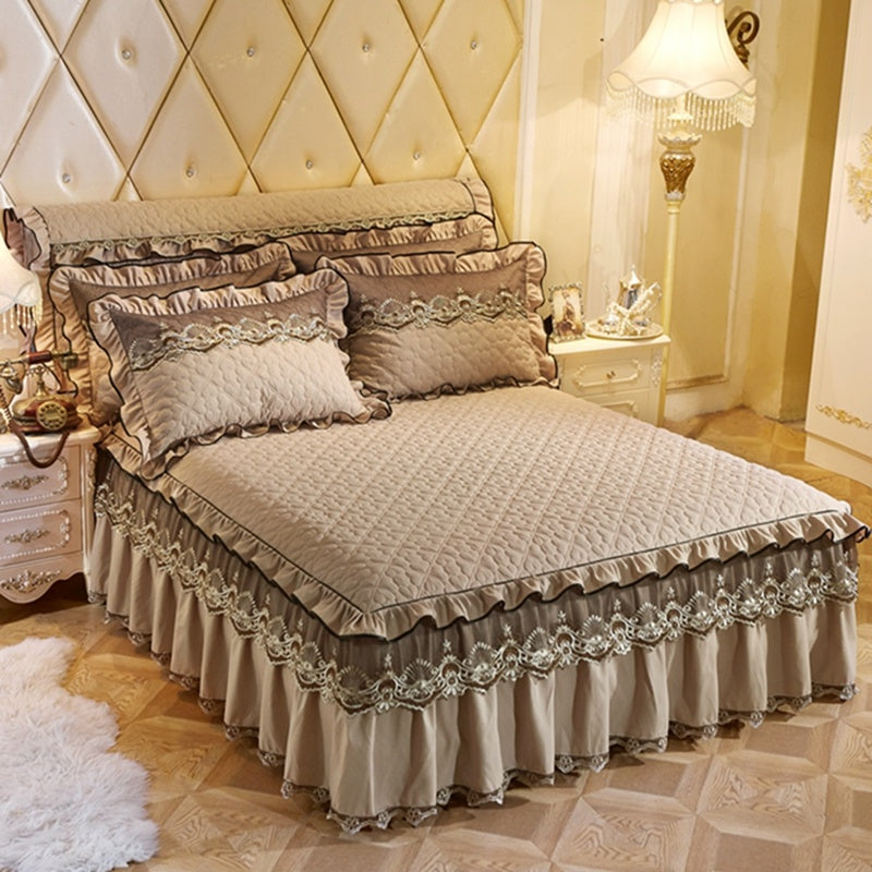 KTX-241491 Quilted Lace Bed Skirt and Cotton Bedspread Set for 1.8m Beds with Various Color Options
