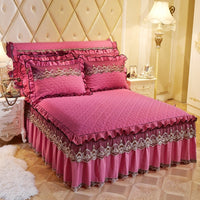 HKM-241491 Quilted Lace Bed Skirt and Cotton Bedspread Set for 1.8m Beds with Various Color Options