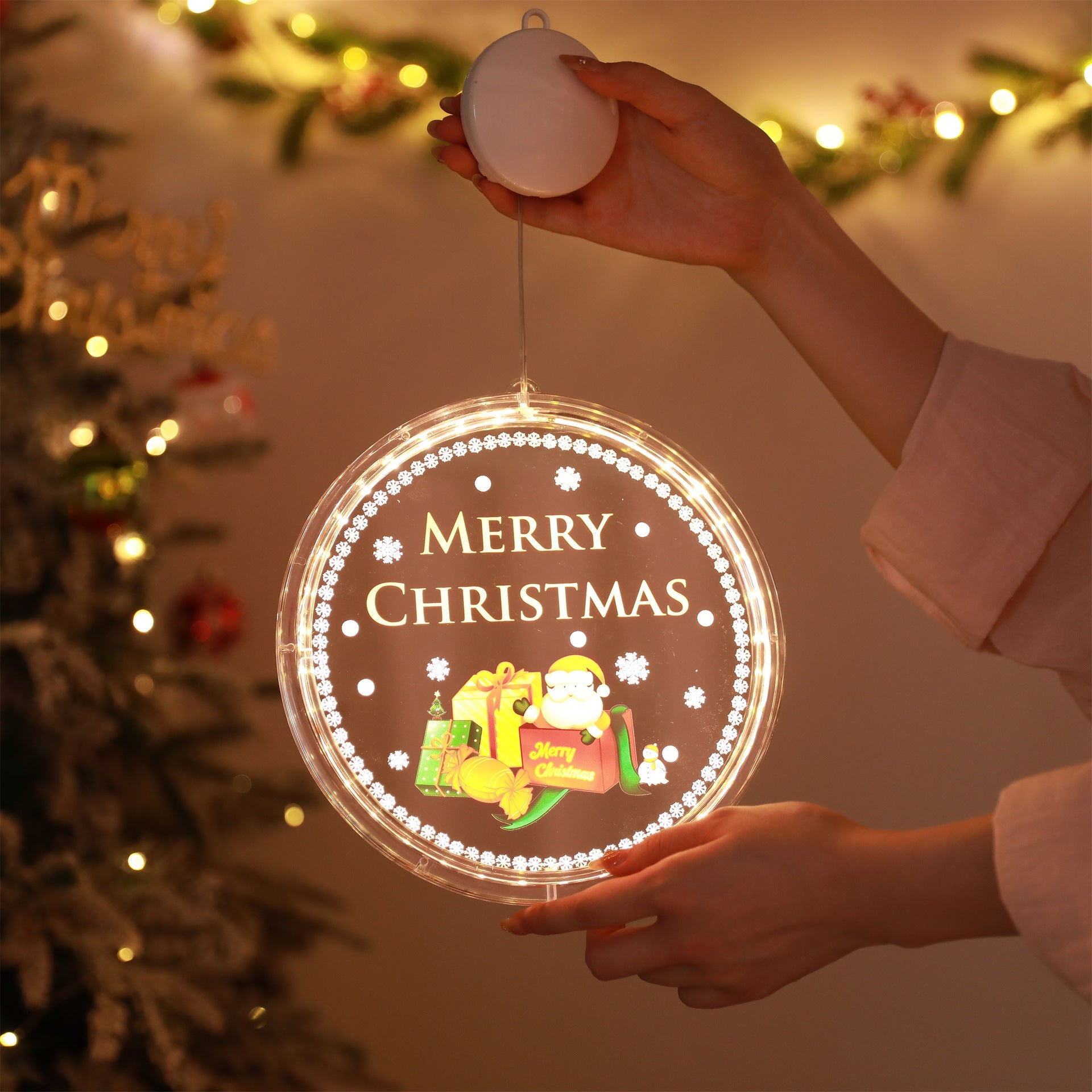 HKM-241811 Battery-Powered LED Hanging Light with Snowflake and Elk Ornaments for Holiday Decor