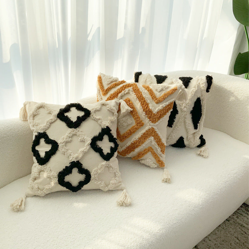 HKM-241811 Bohemian Geometric Tufted Pillow Cover with Tassels - 45x45cm