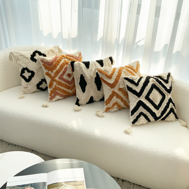 HKM-241811 Bohemian Geometric Tufted Pillow Cover with Tassels - 45x45cm