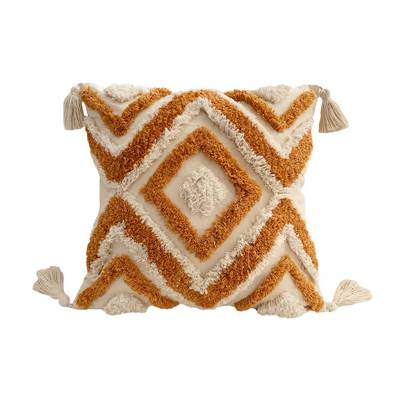 HKM-241811 Bohemian Geometric Tufted Pillow Cover with Tassels - 45x45cm