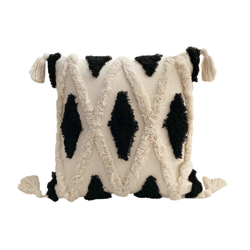 HKM-241811 Bohemian Geometric Tufted Pillow Cover with Tassels - 45x45cm
