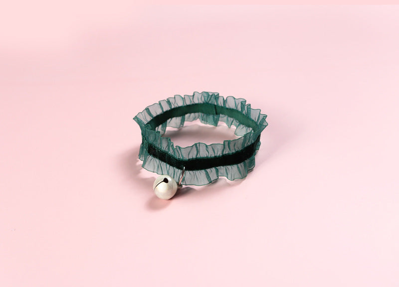 HKM-242387 Velvet Lace Wood Ear Elastic Adjustable Pet Bell Collar Cat Dog Rabbit Insect Repellent Collar Necklace Dog