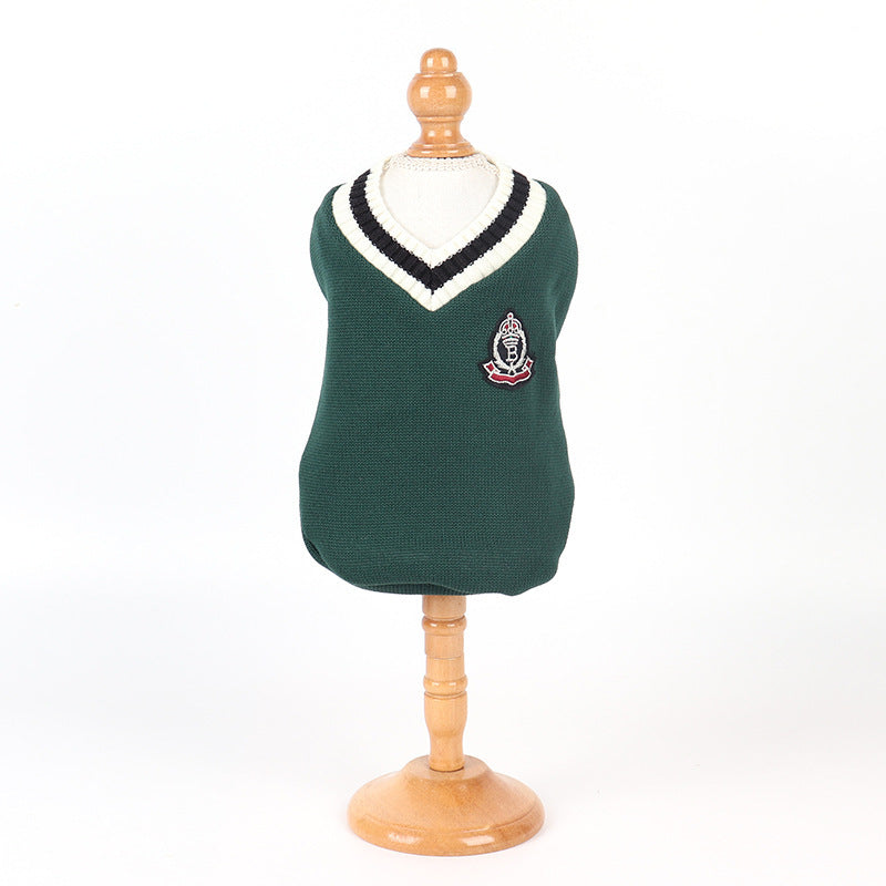 HKM-243283 Knitted Cotton V-neck Vest for Pets - Autumn Winter Collection in Green, Wine Red, Khaki