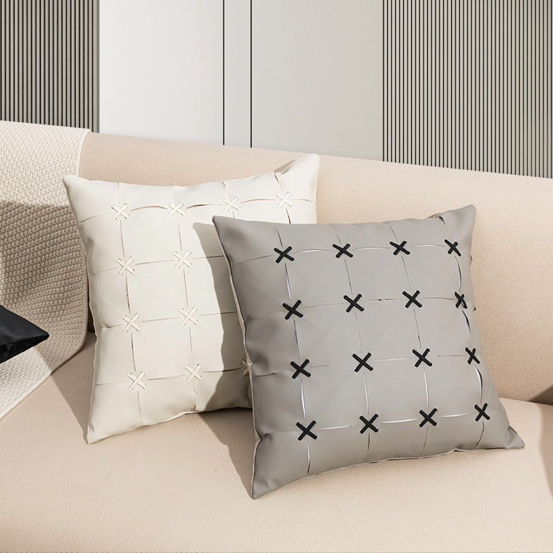 HKM-243795 Solid Color Hand-Woven PU Leather Pillow Cover - 45cm, Modern Simplicity in Orange, Gray, White, Yellow, Black