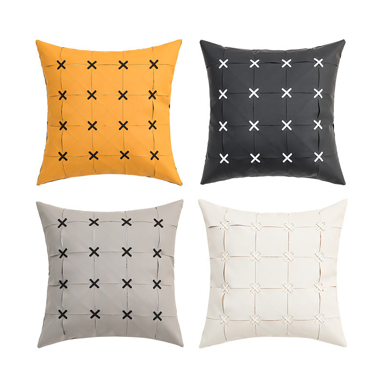HKM-243795 Solid Color Hand-Woven PU Leather Pillow Cover - 45cm, Modern Simplicity in Orange, Gray, White, Yellow, Black