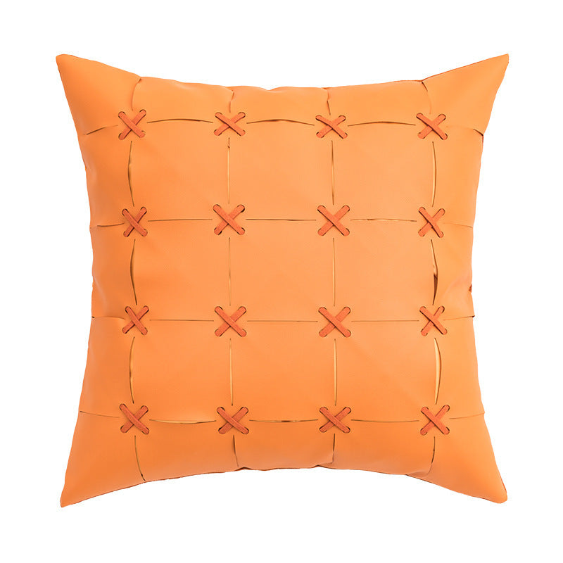HKM-243795 Solid Color Hand-Woven PU Leather Pillow Cover - 45cm, Modern Simplicity in Orange, Gray, White, Yellow, Black