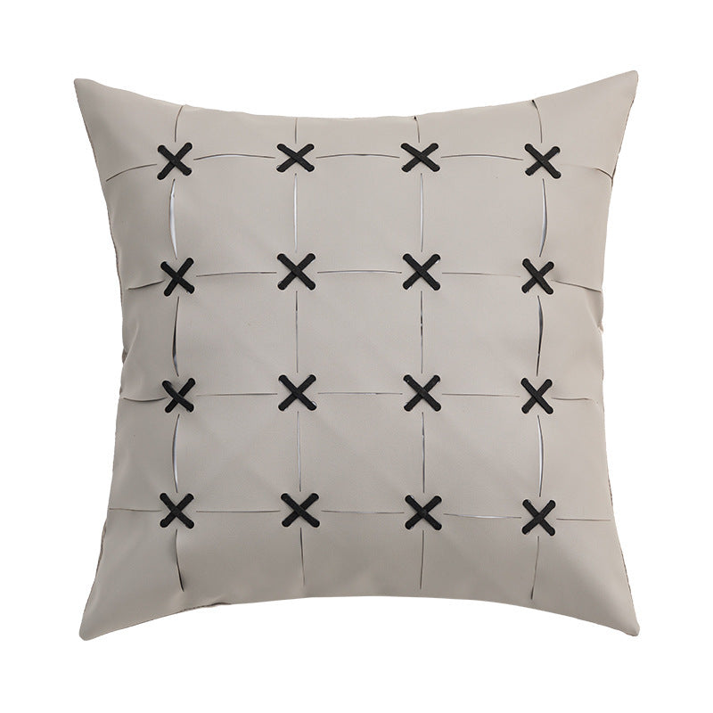 HKM-243795 Solid Color Hand-Woven PU Leather Pillow Cover - 45cm, Modern Simplicity in Orange, Gray, White, Yellow, Black