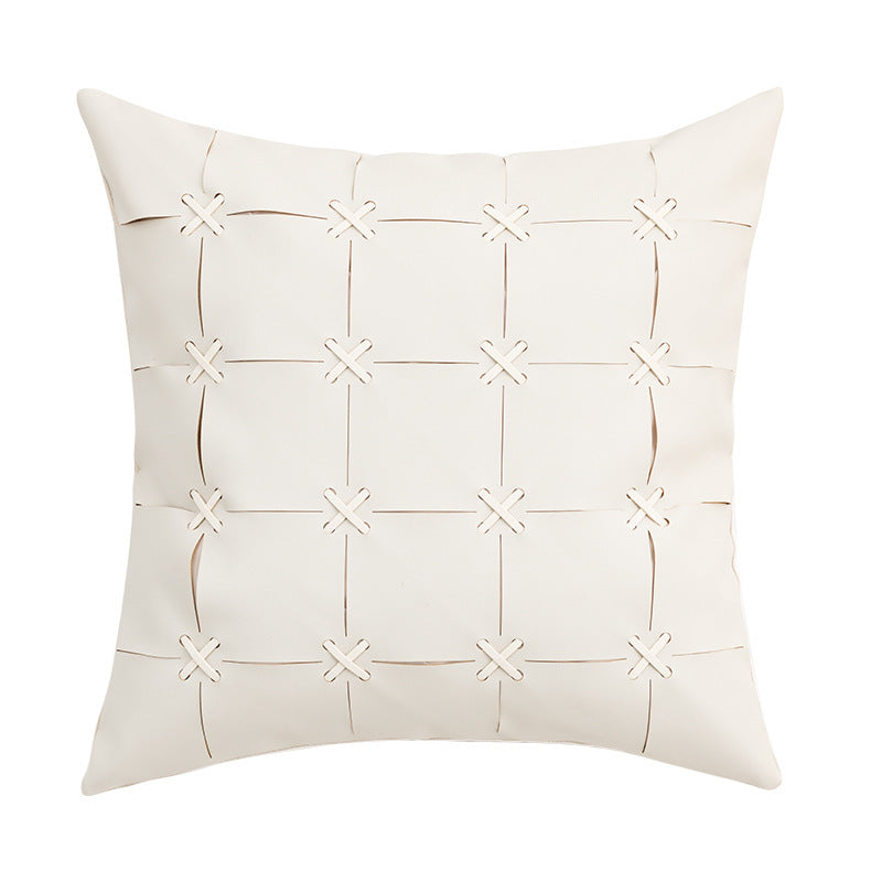 HKM-243795 Solid Color Hand-Woven PU Leather Pillow Cover - 45cm, Modern Simplicity in Orange, Gray, White, Yellow, Black