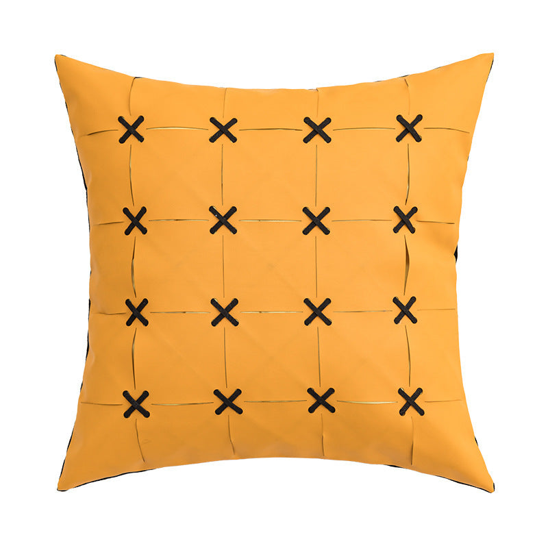 HKM-243795 Solid Color Hand-Woven PU Leather Pillow Cover - 45cm, Modern Simplicity in Orange, Gray, White, Yellow, Black