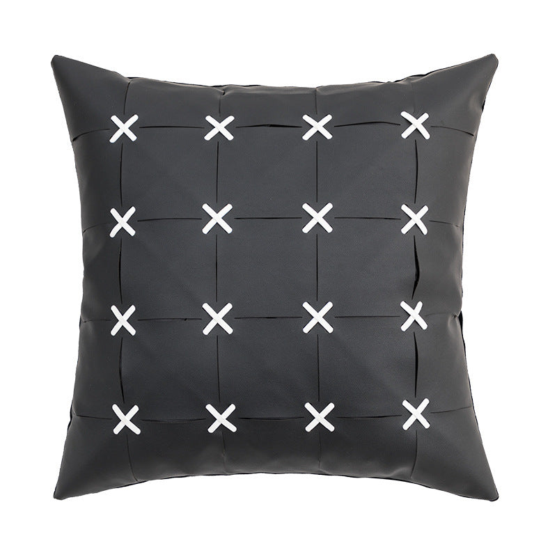 HKM-243795 Solid Color Hand-Woven PU Leather Pillow Cover - 45cm, Modern Simplicity in Orange, Gray, White, Yellow, Black