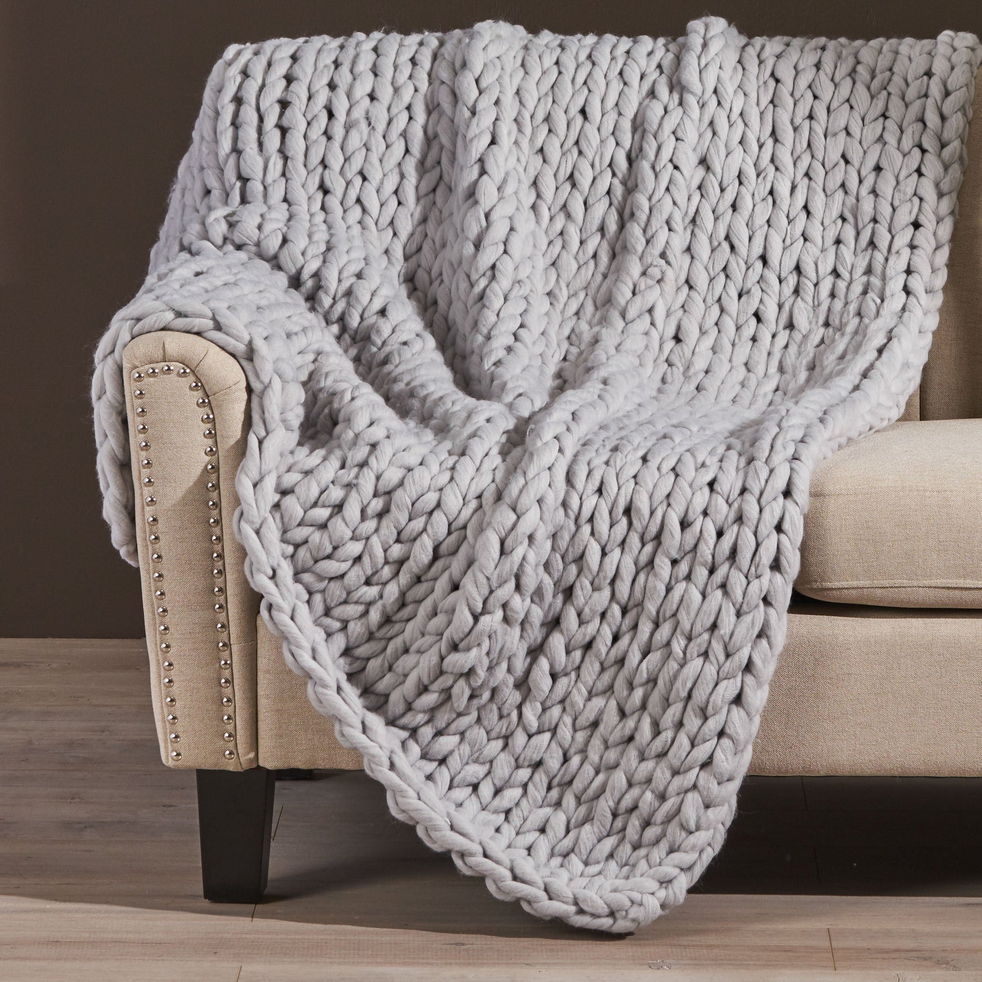 HKM-244307 Silver Knitted Blanket - Cozy Acrylic Fabric, Double-Sided Design, 50x60 Inches