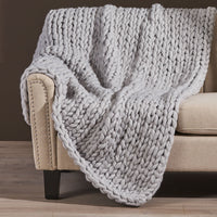 HKM-244307 Silver Knitted Blanket - Cozy Acrylic Fabric, Double-Sided Design, 50x60 Inches