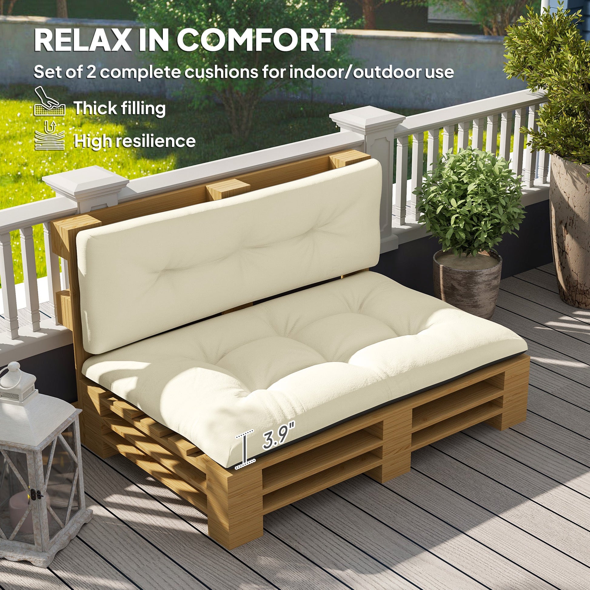 HKM-244371 Cream White 3.9 Thick Tufted Outdoor 2 Seater Pallet Cushions Set for Garden and Patio
