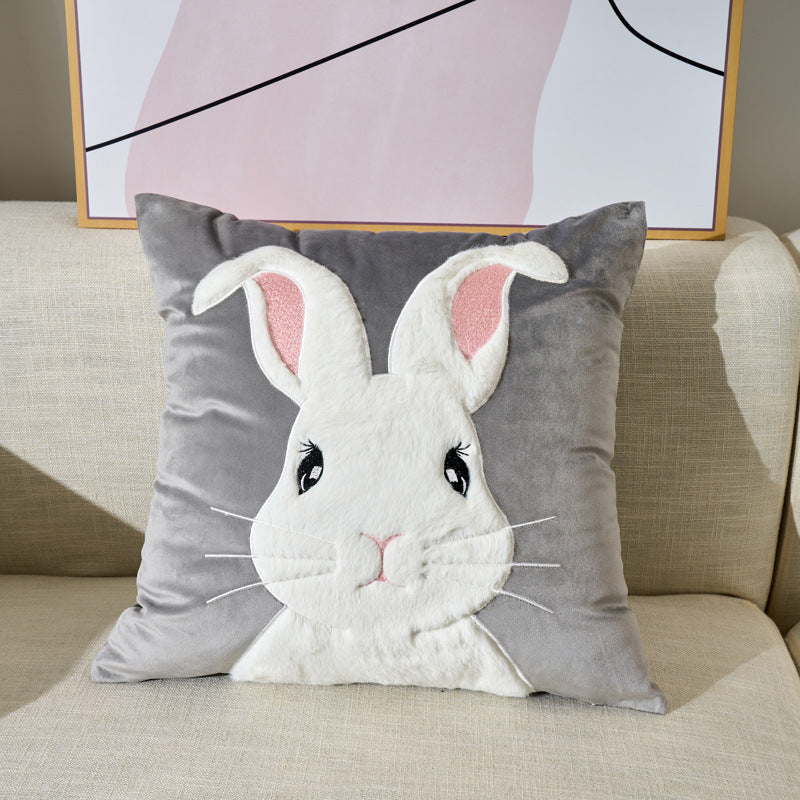 HKM-244947 Embroidered Velvet Plush Animal Decorative Pillow Cover - Cute Rabbit, Cat, Puppy, Bear Designs