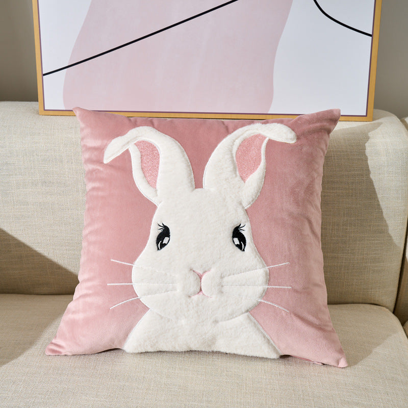 HKM-244947 Embroidered Velvet Plush Animal Decorative Pillow Cover - Cute Rabbit, Cat, Puppy, Bear Designs
