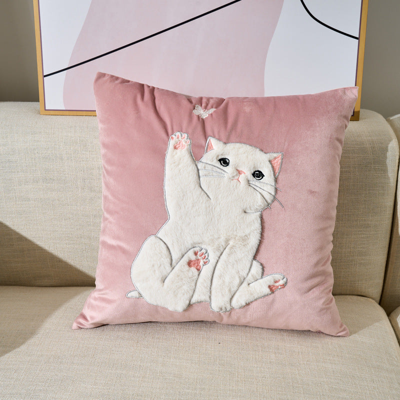 HKM-244947 Embroidered Velvet Plush Animal Decorative Pillow Cover - Cute Rabbit, Cat, Puppy, Bear Designs