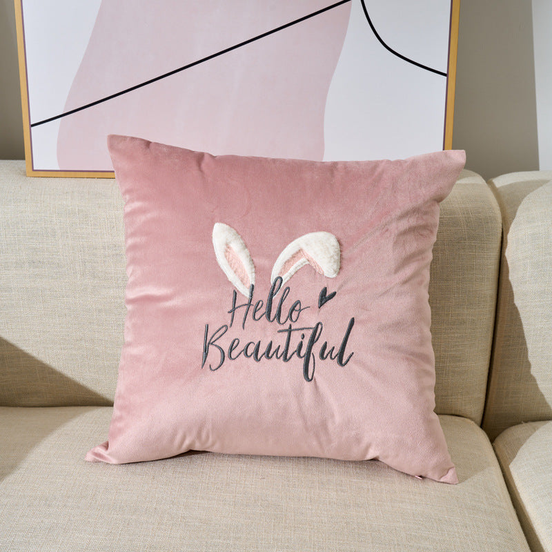 HKM-244947 Embroidered Velvet Plush Animal Decorative Pillow Cover - Cute Rabbit, Cat, Puppy, Bear Designs