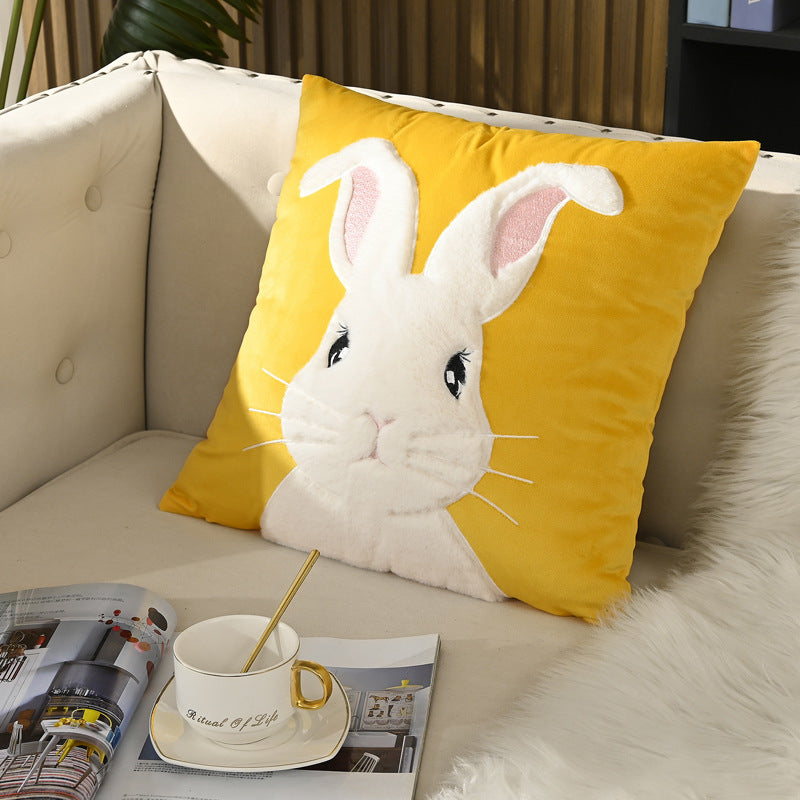 HKM-244947 Embroidered Velvet Plush Animal Decorative Pillow Cover - Cute Rabbit, Cat, Puppy, Bear Designs