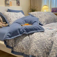 HKM-245459 Class A Washed Cotton and Hemp Bed Set with Floral Design - 4-Piece Collection