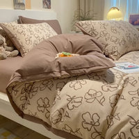 HKM-245459 Class A Washed Cotton and Hemp Bed Set with Floral Design - 4-Piece Collection