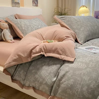 HKM-245459 Class A Washed Cotton and Hemp Bed Set with Floral Design - 4-Piece Collection