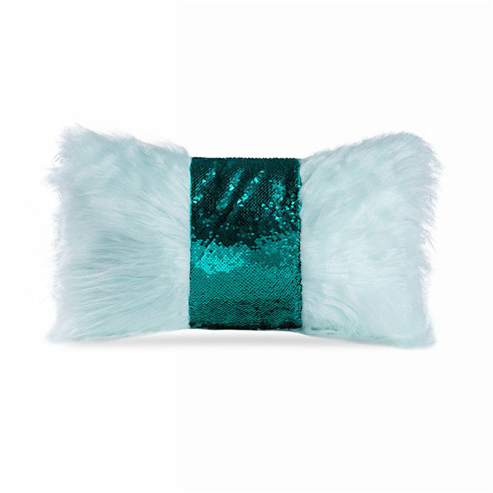 HKM-245523 Plush Sequin Bow Long Hair Hug Pillowcase for Sofa or Waist Support