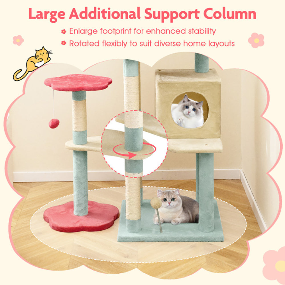 HKM-246291 61 Inch Multi-Level Cat Tower with Floral Design and Cozy Perch Using Plush Fabric