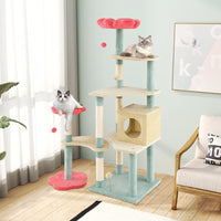 HKM-246291 61 Inch Multi-Level Cat Tower with Floral Design and Cozy Perch Using Plush Fabric