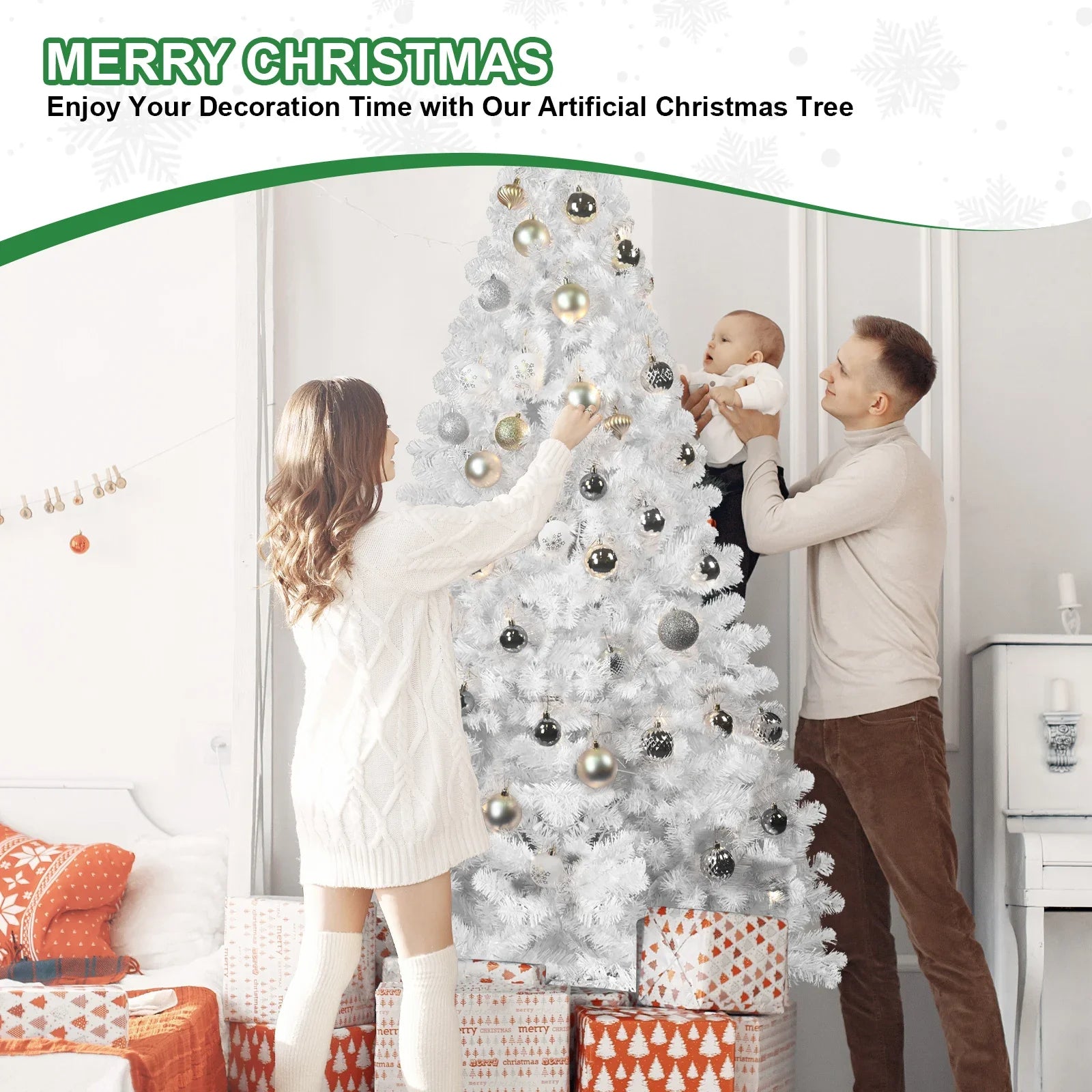 KTX-246739 7ft Hinged 3-Part White PVC Christmas Tree for Indoor Living Room Decorations